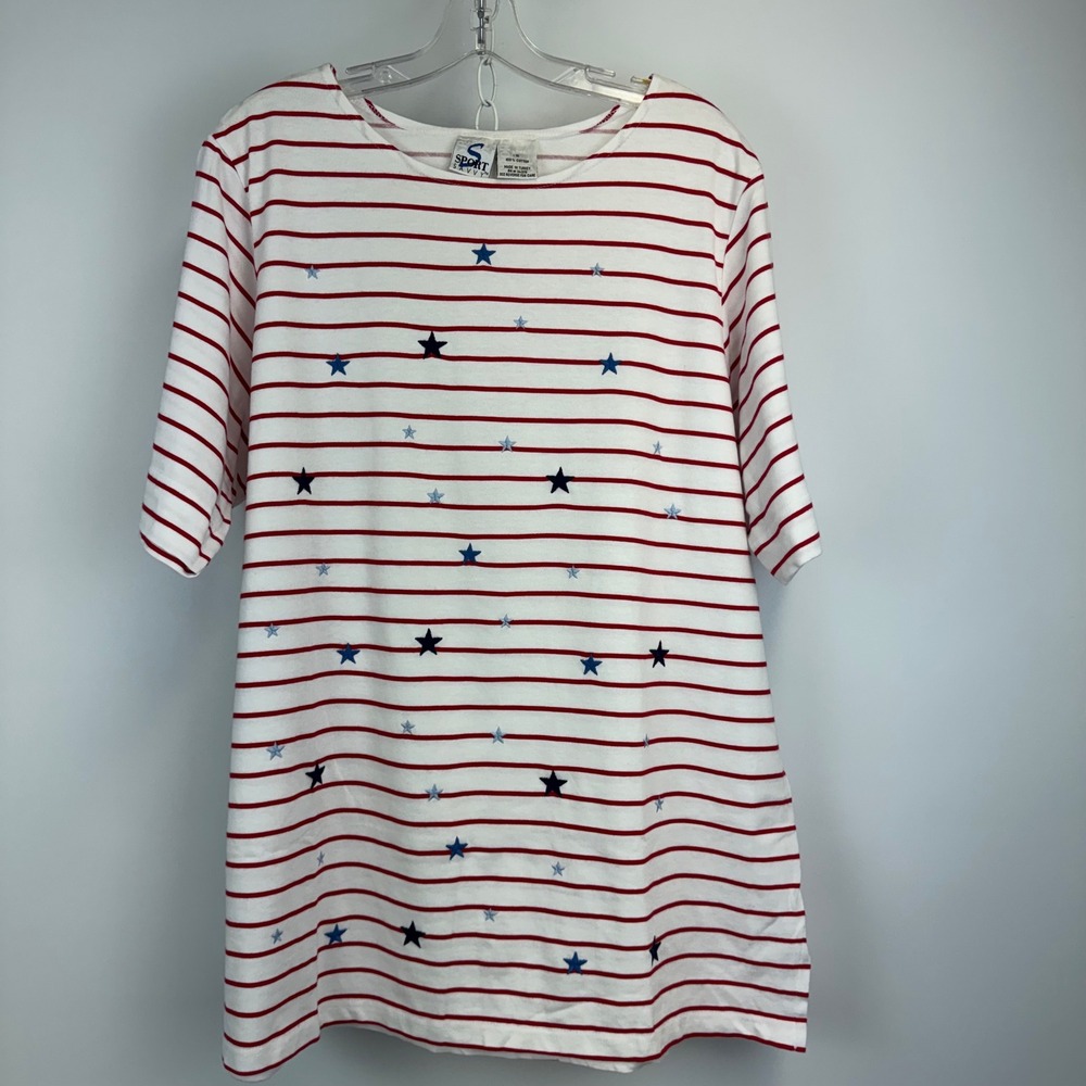 Sport Savvy Womens 1X Top Red White Striped Blue Star Embroidered Cotton Knit